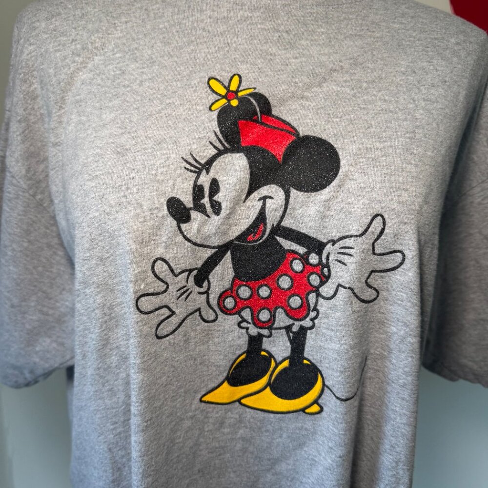 Disney Parks Minnie Mouse Retro Classic Grey Graphic T Shirt with Glitter - Picture 4 of 9